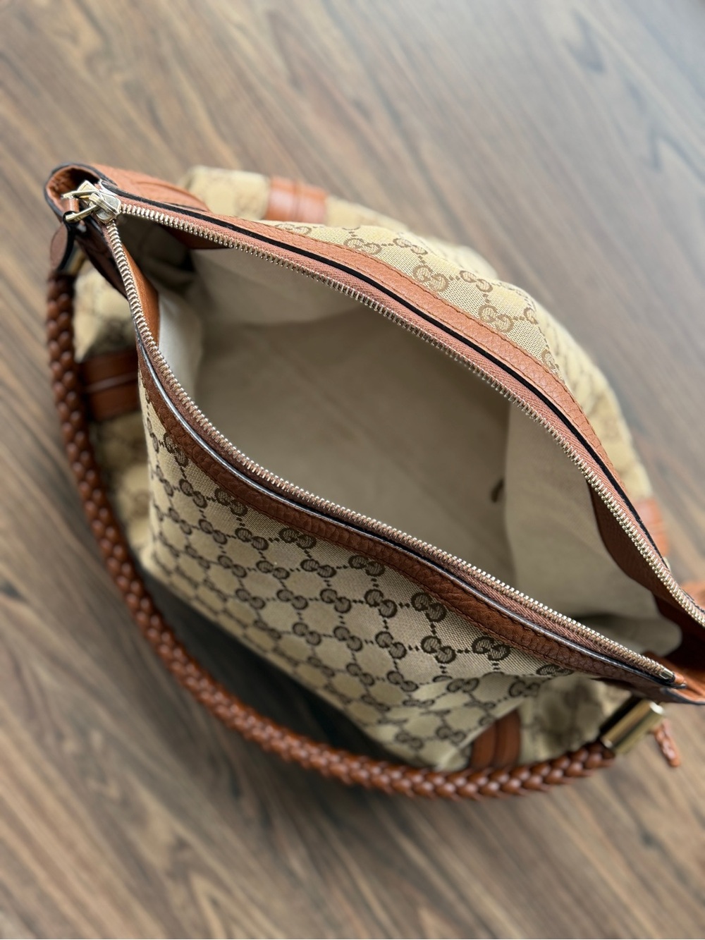 Gucci Beige & Brown GG Canvas Shoulder Hobo with Braided Handle - Picture 13 of 16